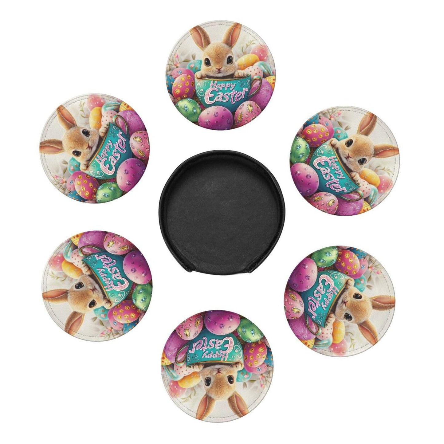 6 Pcs Easter Bunny Coasters for Drinks with Holder Round Leather Coasters Easter Coaster Sets Personalized Drink Coasters Coffee Table Cup Coaster Beer Coasters