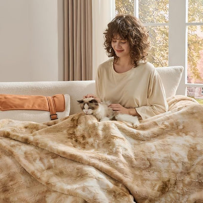 Krifey Faux Fur Blanket for King Size Bed, 3D Texture Soft Cozy Fuzzy Plush Warm Blanket, Christmas Birthday Gifts for Women Mom Girlfriend Men, Room Decor, Marbled Beige, 108x90in