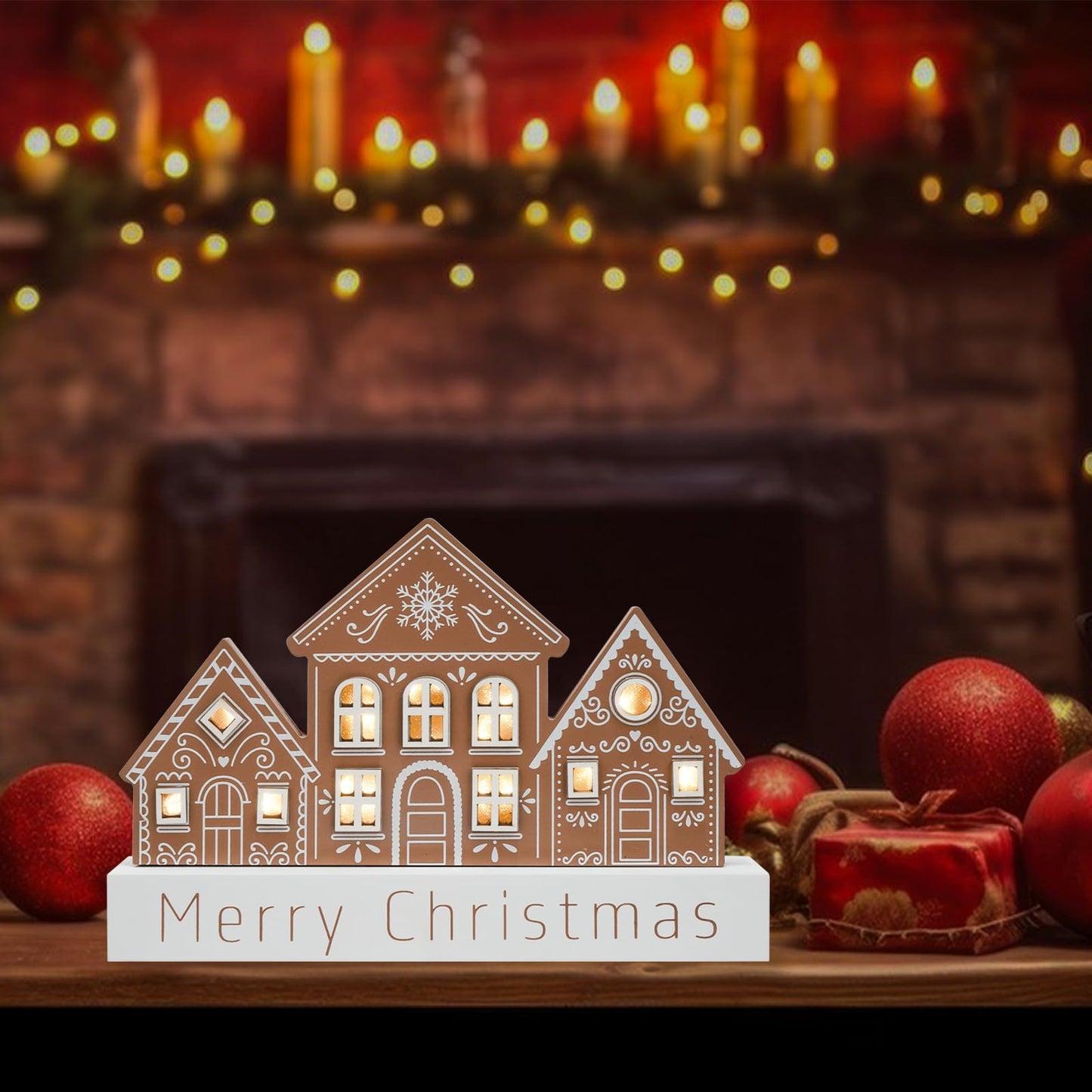 Christmas Decorations for Home LED Lighted Merry Christmas Decor Wooden Ski Lodge Holiday Signs Indoor Rustic Farmhouse Tabletop Block Xmas Party Gift