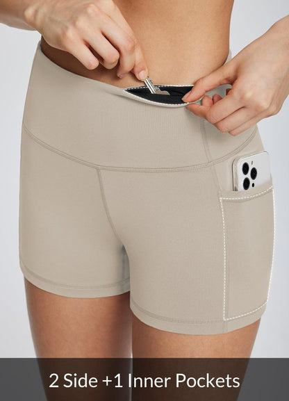baleaf Gym Shorts Women 3" Biker Workout Yoga Spandex Running Volleyball Tummy Control Compression with Pockets Khaki L