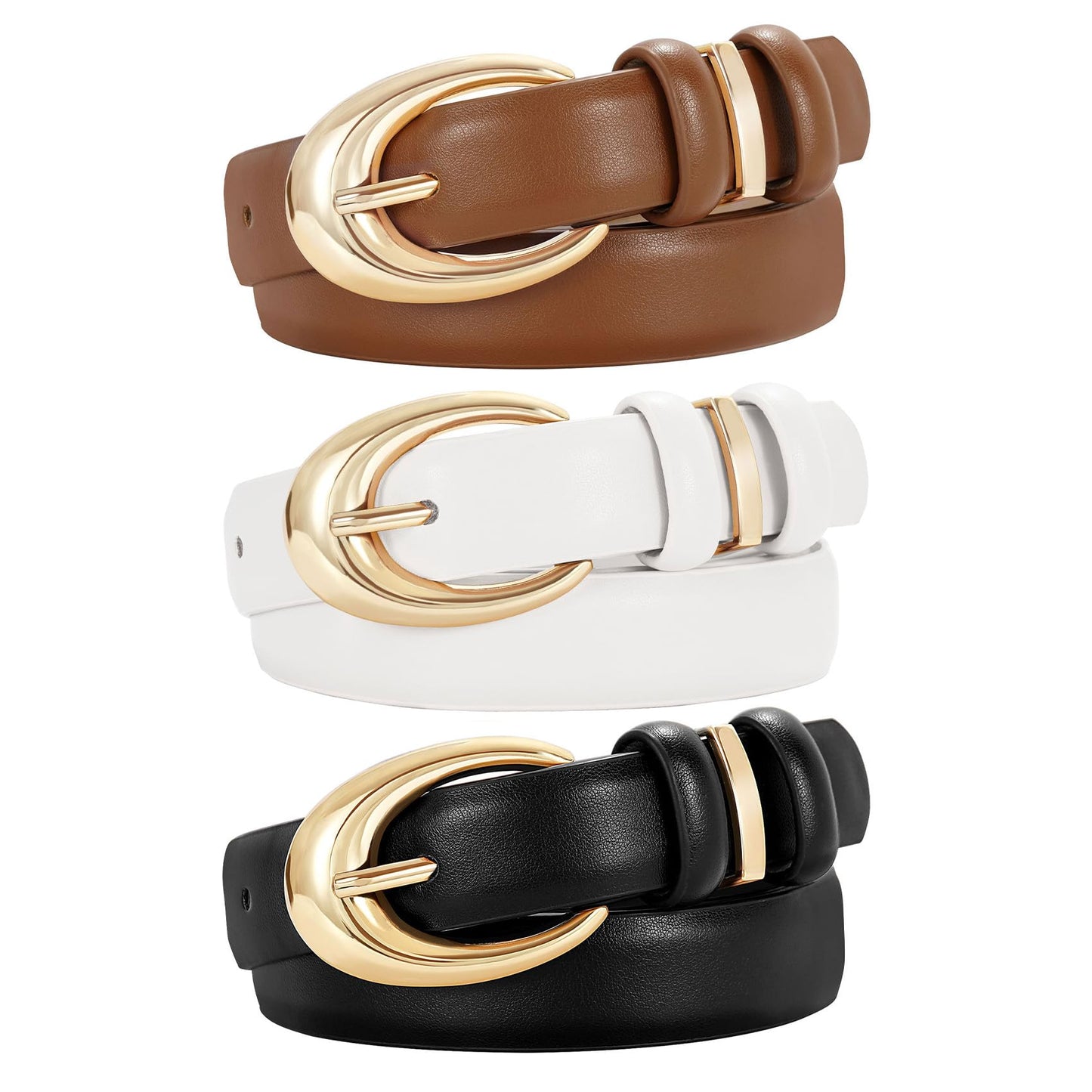 TRIWORKS 3 Pack Women Leather Belt for Jeans Pants Fashion Ladies Faux Leather Belt with Gold Buckle