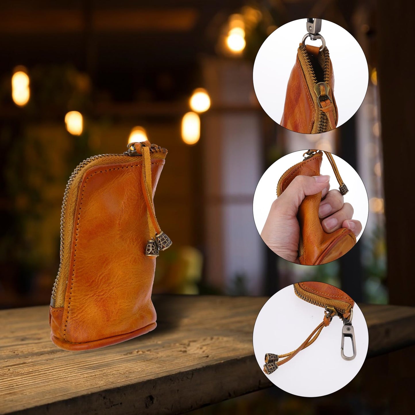 TIESOME Vintage Genuine Leather Zipper Coin Purse, Medieval Cowhide Change Holder Coin Pouch Wallet Coin Organizer With Key Ring Little Travel Wallet for Men(Brown)