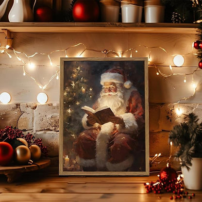 Framed Vintage Christmas Canvas Wall Art, Santa Claus Reading Book Paintings Wall Decor, Rustic Winter Holiday Pictures Prints for Living Room Bedroom Home Decoration 8×10 inch