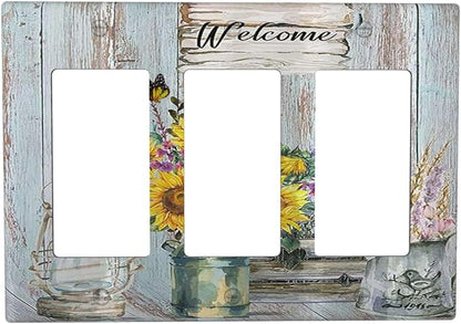 Sunflower Vintage Barn Wooden Triple Rocker Light Switch Covers Sun floral 3 Gang Outlet Wall Plate Cover Decorative Switchplate Faceplate GFCI Farmhouse Home Livingroom Decor