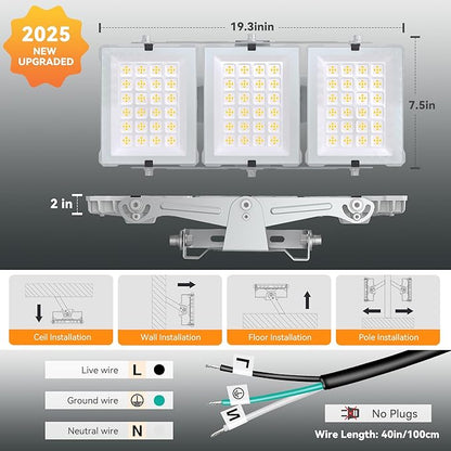 300W 2025 Plus New Upgraded LED Flood Light Outdoor, 30000LM Super Bright Stadium Lights, 6000K Daylight White, IP66 Waterproof, 3 Heads Adjustable Outdoor Floodlight for Yards, Arena, Garden