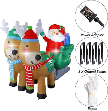 MorTime 6.7 FT Christmas Inflatable Santa Claus on Sleigh Pulled by Two Reindeers with Gift Boxes, Blow up Lighted Xmas Yard Decor with LED Lights for Christmas Outdoor Decorations
