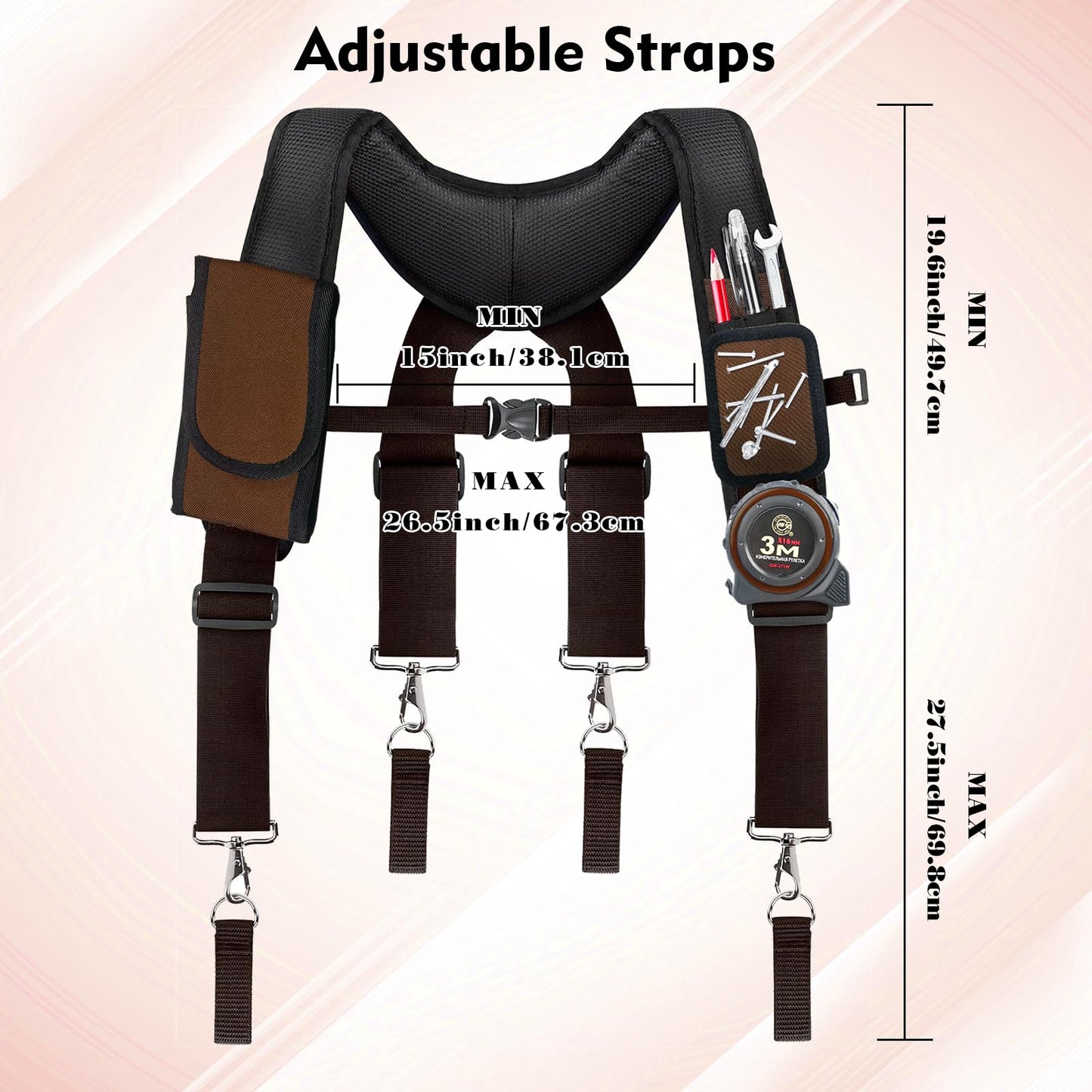 UMYLOV Tool Belt Suspenders for Men, Adjustable Padded Carpenter Tool Belt with Magnetic WristBand Multifunctional Pouch Pocket for Construction Workers (Brown)