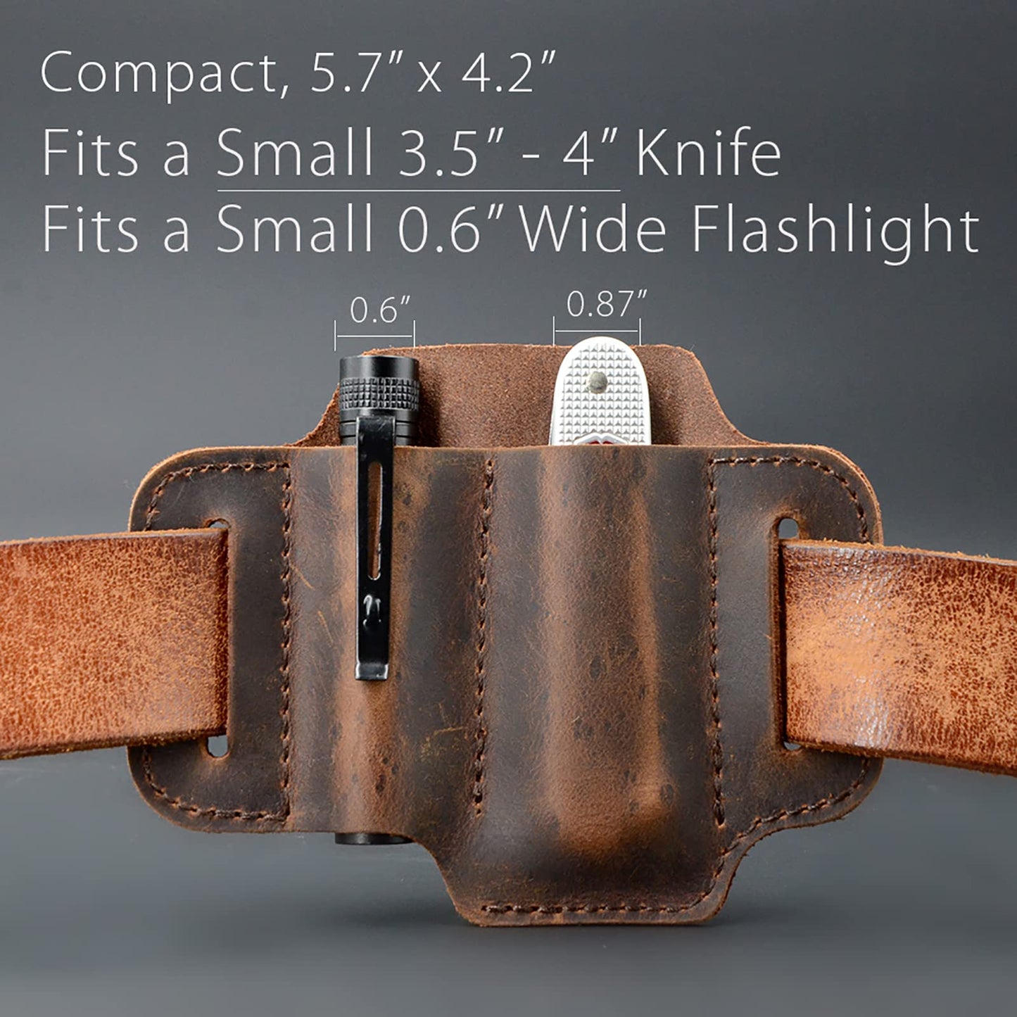 EDC Leather Knife Belt Sheath Tool Pouch, Small Tools Organizer, Fit Most 3.5" -4" Victorinox Knives, Fit 0.6" Wide Flashlights, EDC Holster, EDC Gear Carrier, Premium Leather. Chestnut.