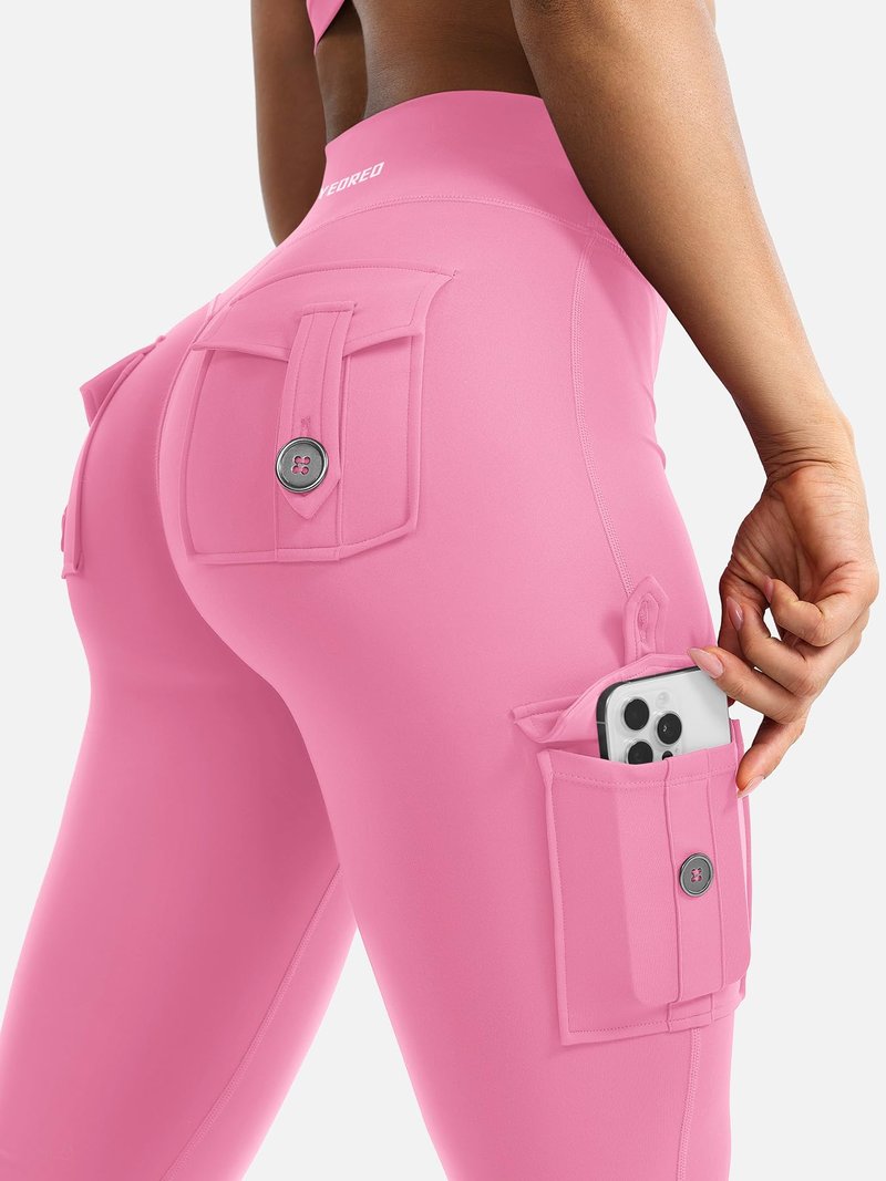 YEOREO CoreFlex Women Workout Flare Leggings with Pockets Hidden Scrunch High Waisted Cargo Gym Yoga No Front Seam Leggings Pink M