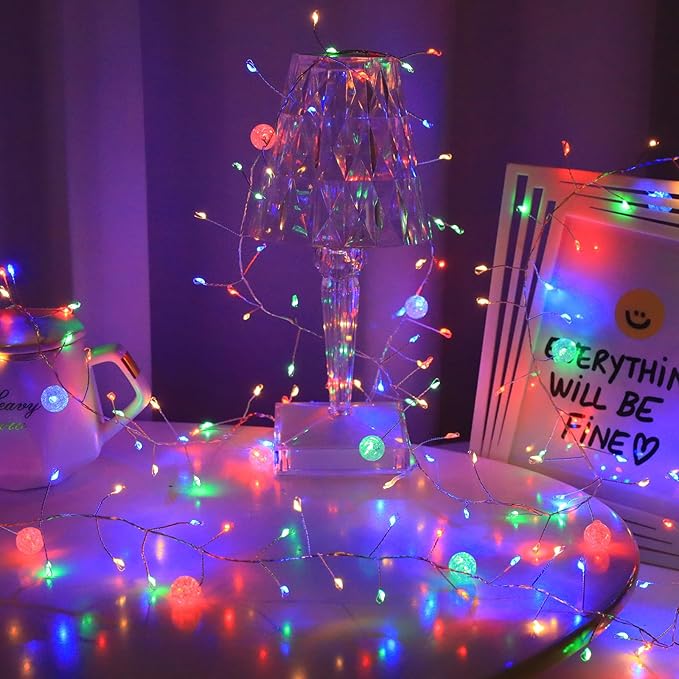Copper Wire Firecracker Christmas Lights, 10FT 200LED Battery Operated Twinkle Cluster Fairy Lights for Christmas Tree with Remote for Bedroom Dorm Wreath DIY Wedding Christmas Decoration