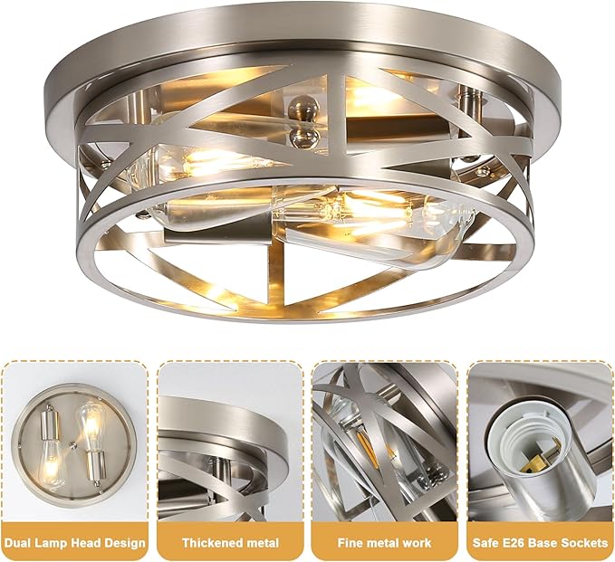 2 Pack Close to Ceiling Lights, Modern Brushed Nickle Flush Mount Ceiling Light Fixture, 11 Inch Modern E26 Base Metal Cage Indoor Kitchen Ceiling Lights for House Hallway Bedroom Living Room