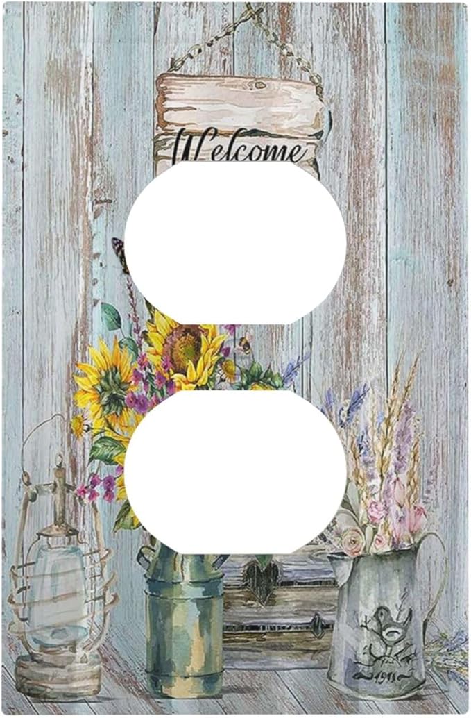 Sunflower Vintage Barn Wooden 1 Gang Single Duplex Light Switch Plate Outlet Cover Sun floral Decorative Wall Plate Switchplate Electrical Faceplate Farmhouse Home Livingroom Decor