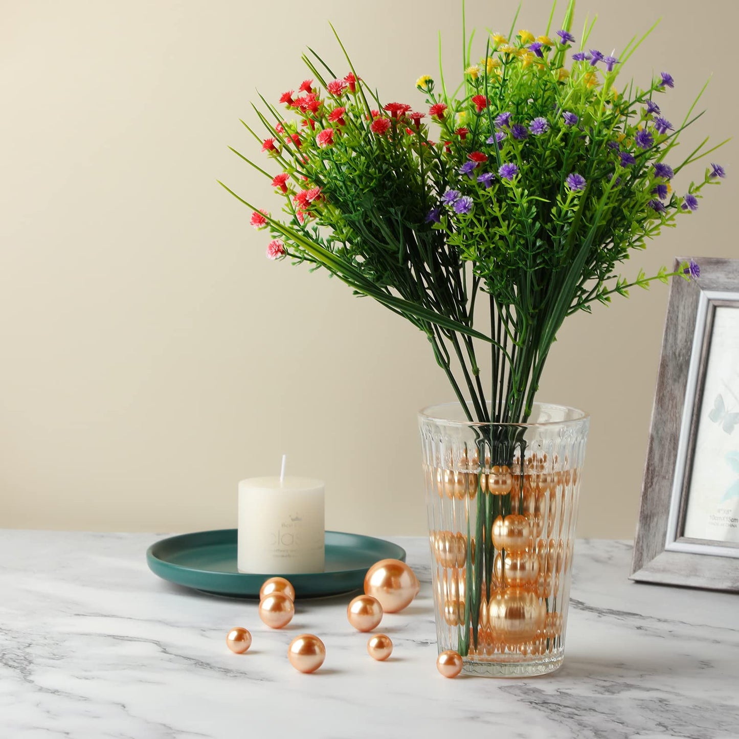 Hicarer 120 Pcs Gold Vase Filler Pearls Floating Beads for Vases Mixed Sizes Gloss Round Pearl Water Beads for Valentines Centerpieces Home Party Wedding Decor, 14/20/30 mm
