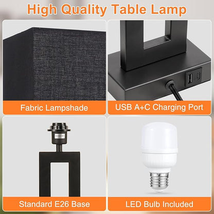 Modern 22" Tall Bedside Lamps - Touch Control, USB C+A, 3 Way Dimmable, Set of 2 (Black)