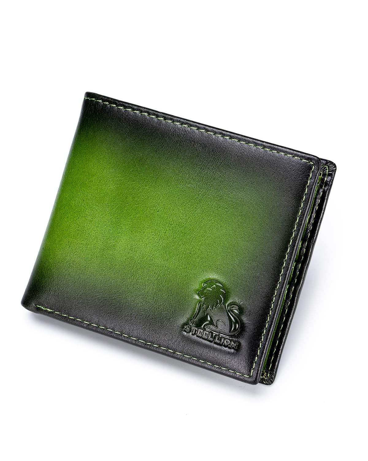 STEELLION Leather Wallets for Men, Cowhide Mens Bifold Wallet RFID Blocking with 2 ID Windows, Zipper Pocket (Green)