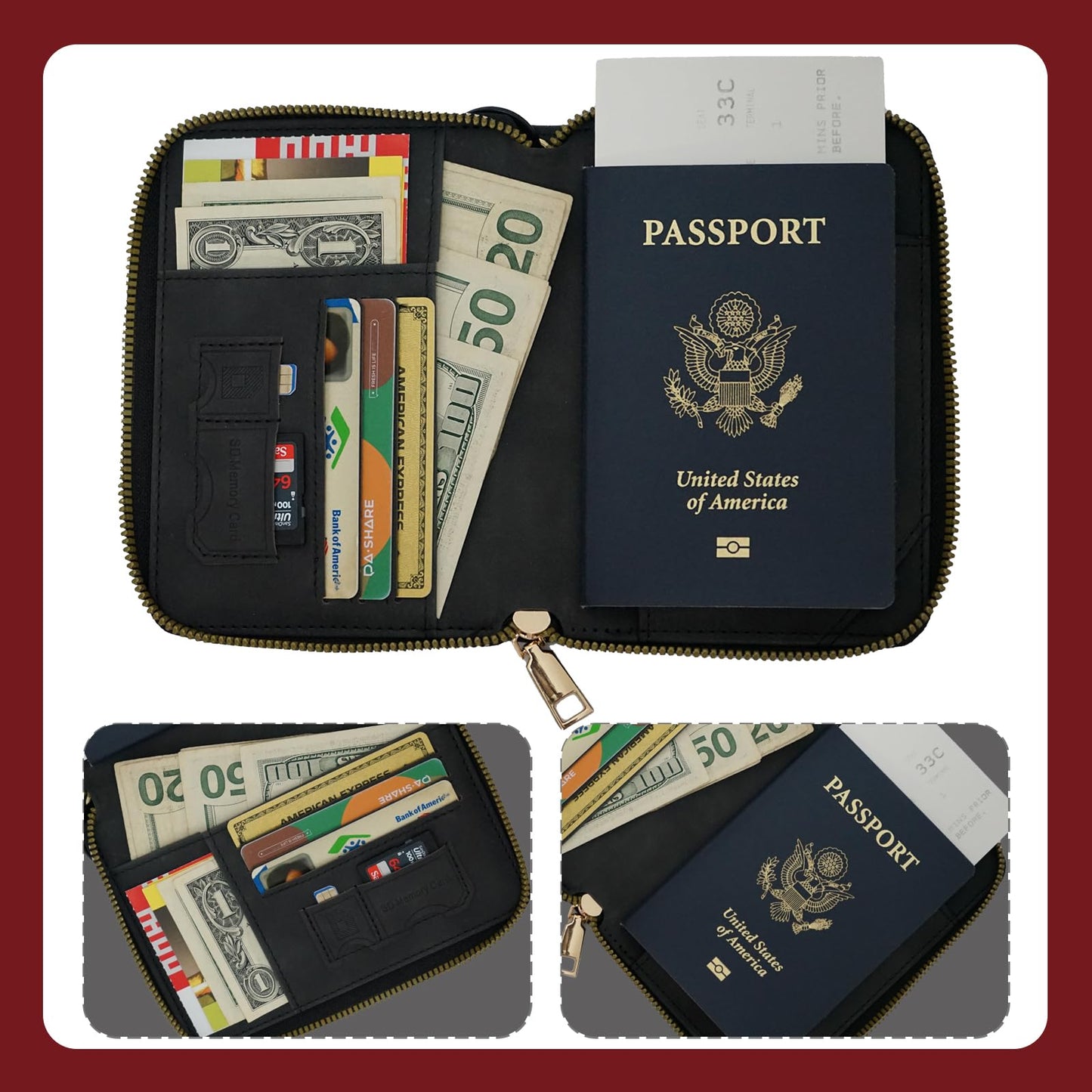 Passport Holder with Tether and Carabiner to Prevent Loss and Theft, Rfid Passport Holder for Travel, Passport Cover, Wallet & Case for Men and Women (Black -Tether and Carabiner)