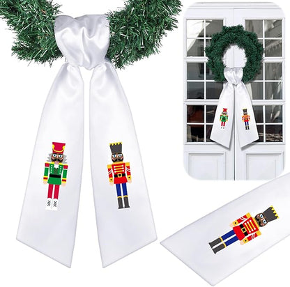 Wreath Sash for Front Door Wreath Satin Sash Blank Sashes Embroidery Monogram Yard Doorway Indoor Outdoor Wall Ribbon Bow Home Decor(White,African American Nutcracker)