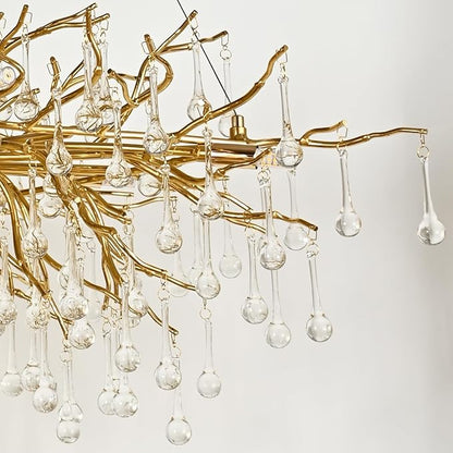 Modern Crystal Rectangular Chandelier for Dining Room, 47.24inch Gold Branch Lighting Raindrop Large Kitchen Island Hanging Light Fixture for High Ceiling Living Room Bedroom Foyer