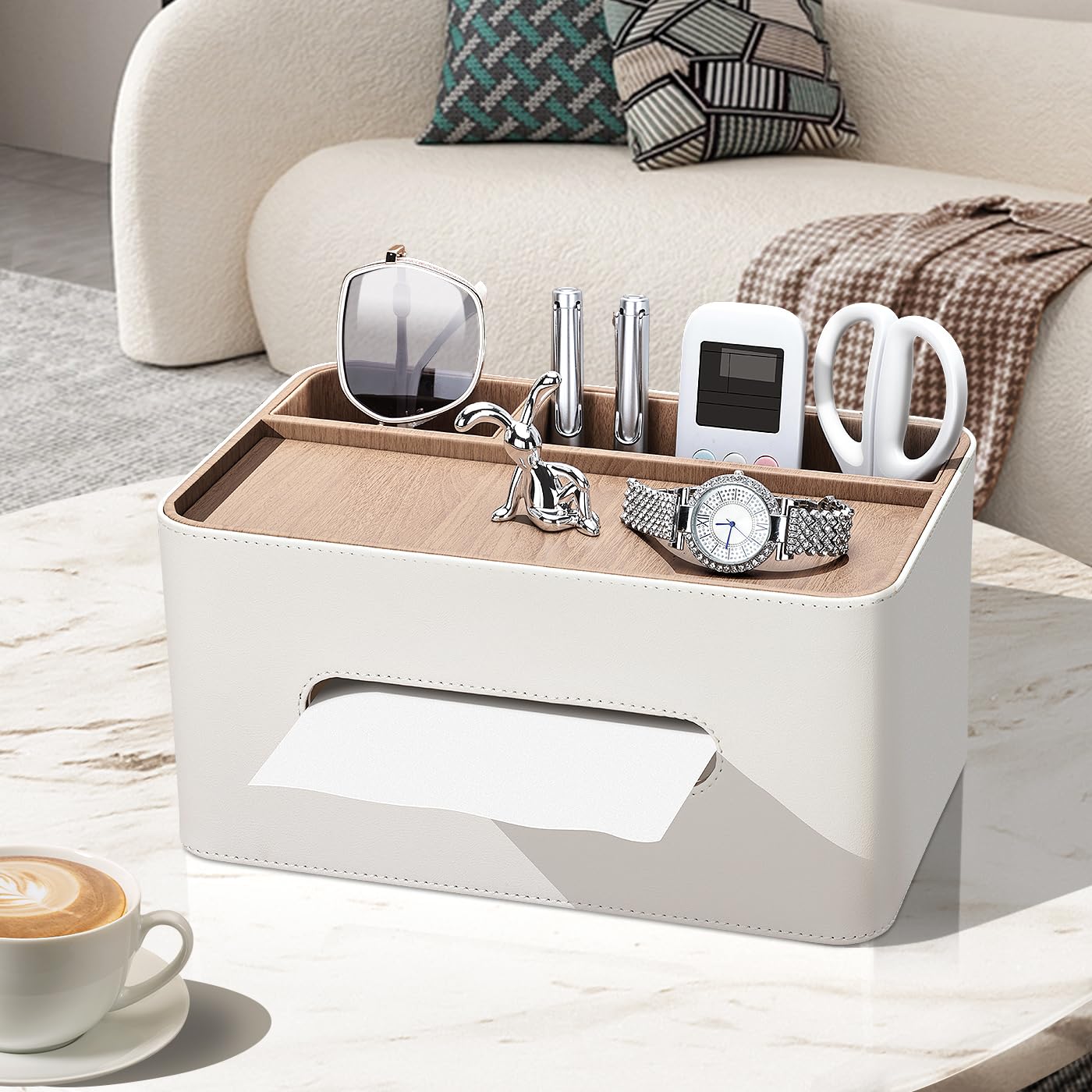 PU Leather Tissue Box Cover Rectangular with Storage Organizer, Multifunctional Remote Control Holder, Desk Organizer for Living Room, Bedroom, Office, Decorative Tissue Holder with Compartments Beige