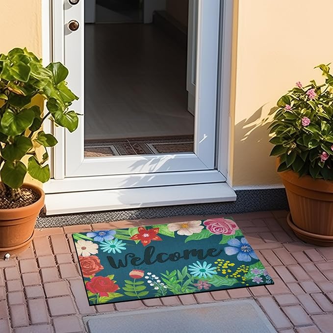 CHICHIC Welcome Door Mat 17x 30 Inch Front Door Mat Outdoors for Home Entrance Outdoors Mat for Outside Entry Way Doormat Entry Rugs, Heavy Duty Non Slip Rubber Back Low Profile, Colorful Flower