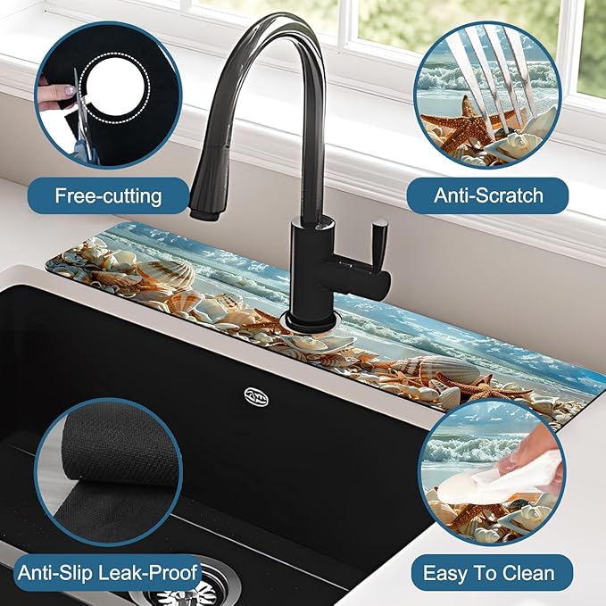 Beach Sink Splash Guard Shells Starfish Waves Faucet Absorbing Mat Fast Drying