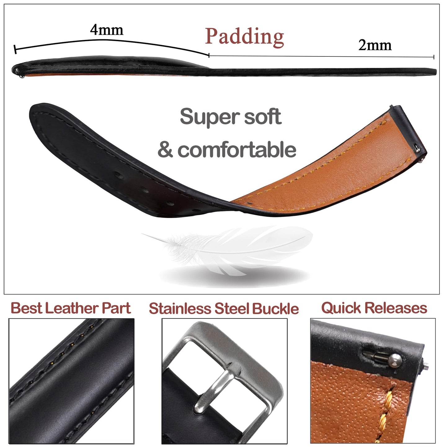 vinacreations 20mm Vintage Black Leather Watch Band Men Quick Release Replacement Strap Soft Handmade Wristband Stainless Steel Buckle, Christmas Fathers Day Gift for Dad Son Husband DH-201-20MM
