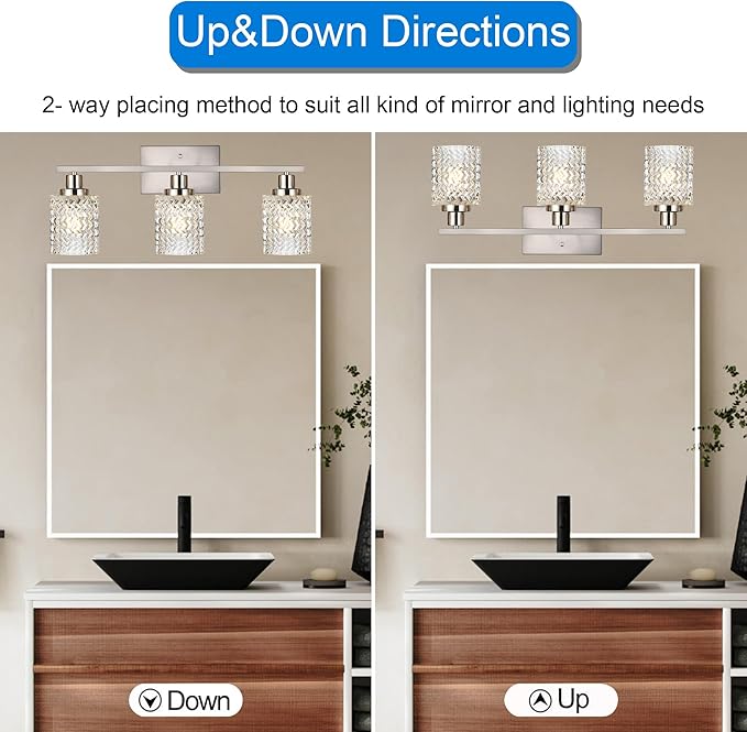 MELUCEE 3 Lights Bathroom Light Fixtures Brushed Nickel Modern Vanity Lights Indoor Wall Mounted Light with Hammered Glass Shade Suitable for Bathroom Living Room Hallway