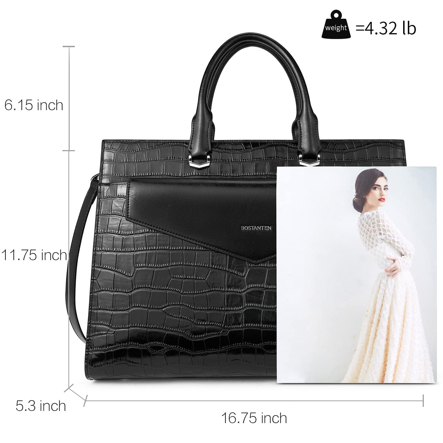 BOSTANTEN Laptop Briefcase for Women 15.6 Inch Tote Bag Genuine Leather Handbag Crocodile Pattern Work Bussiness Bag