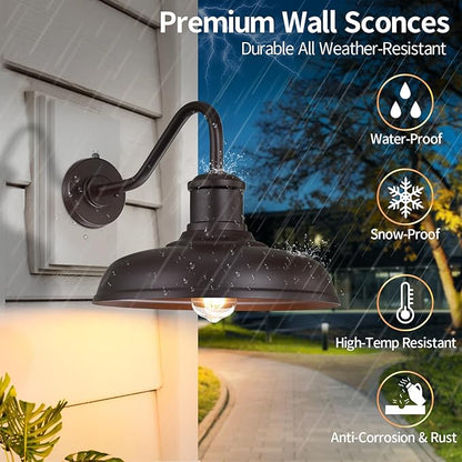13.8'' Large Dusk to Dawn Outdoor Gooseneck Barn Light, 2-Pack Outdoor Wall Sconce Farmhouse Exterior Light Wall Lighting Fixture Industrial Lantern for Porch, Entryway, Garage, Brown