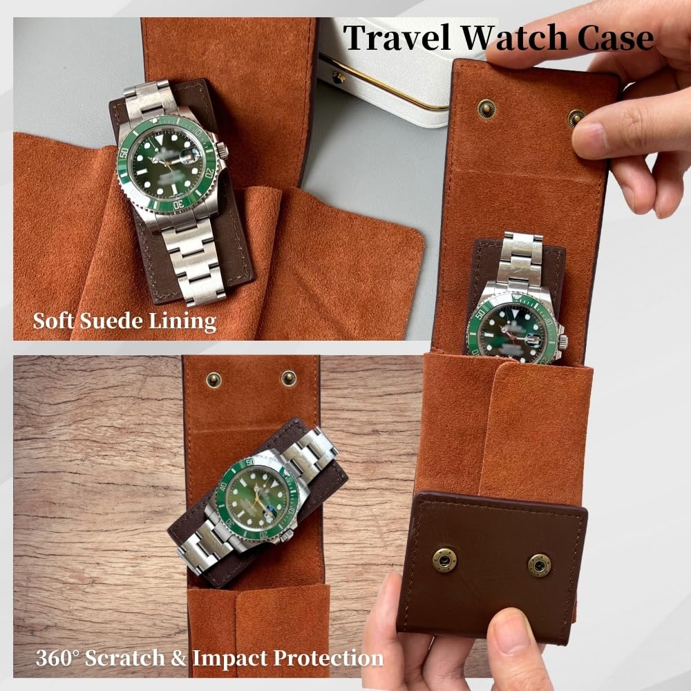 IcyKiwii Leather Watch Case, Watch Travel Pouch, Single Watch Box for men and women, Luxury Watch Organizer, Watch Storage (Brown)