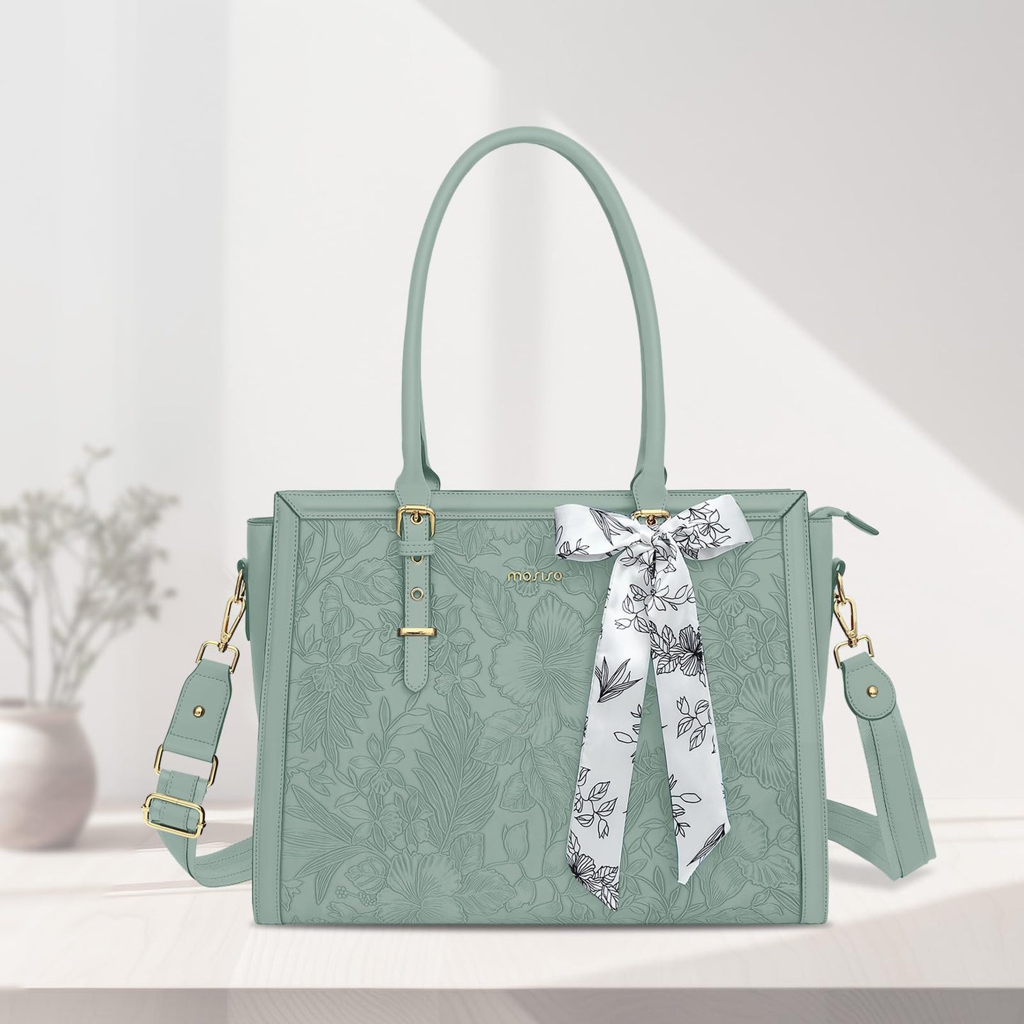 MOSISO Laptop Bag for Women, 15.6-16 inch PU Leather Tote Bag Compatible with MacBook, HP, Dell, Asus Notebook, Front Embossed Retro Hibiscus Computer Bags with Silk Scarf&Clutch Purse, Antique Green