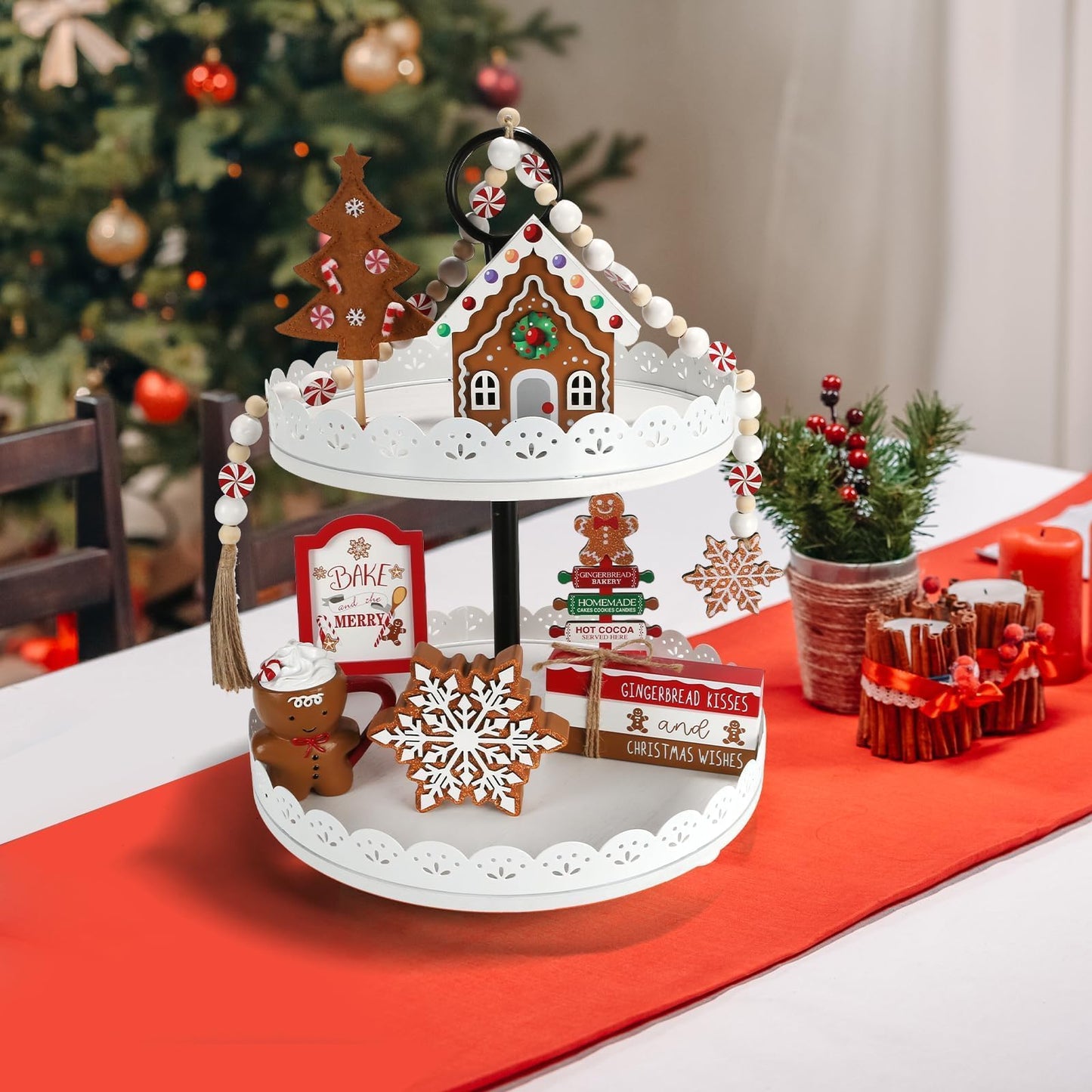 Gingerbread Christmas Decorations 8 PCS Tiered Tray Decor Set, Cute Tabletop Christmas Decor for Home Shelf Mantel Coffee Bar Office Xmas Table Centerpieces Tray Objects Holiday Baking
