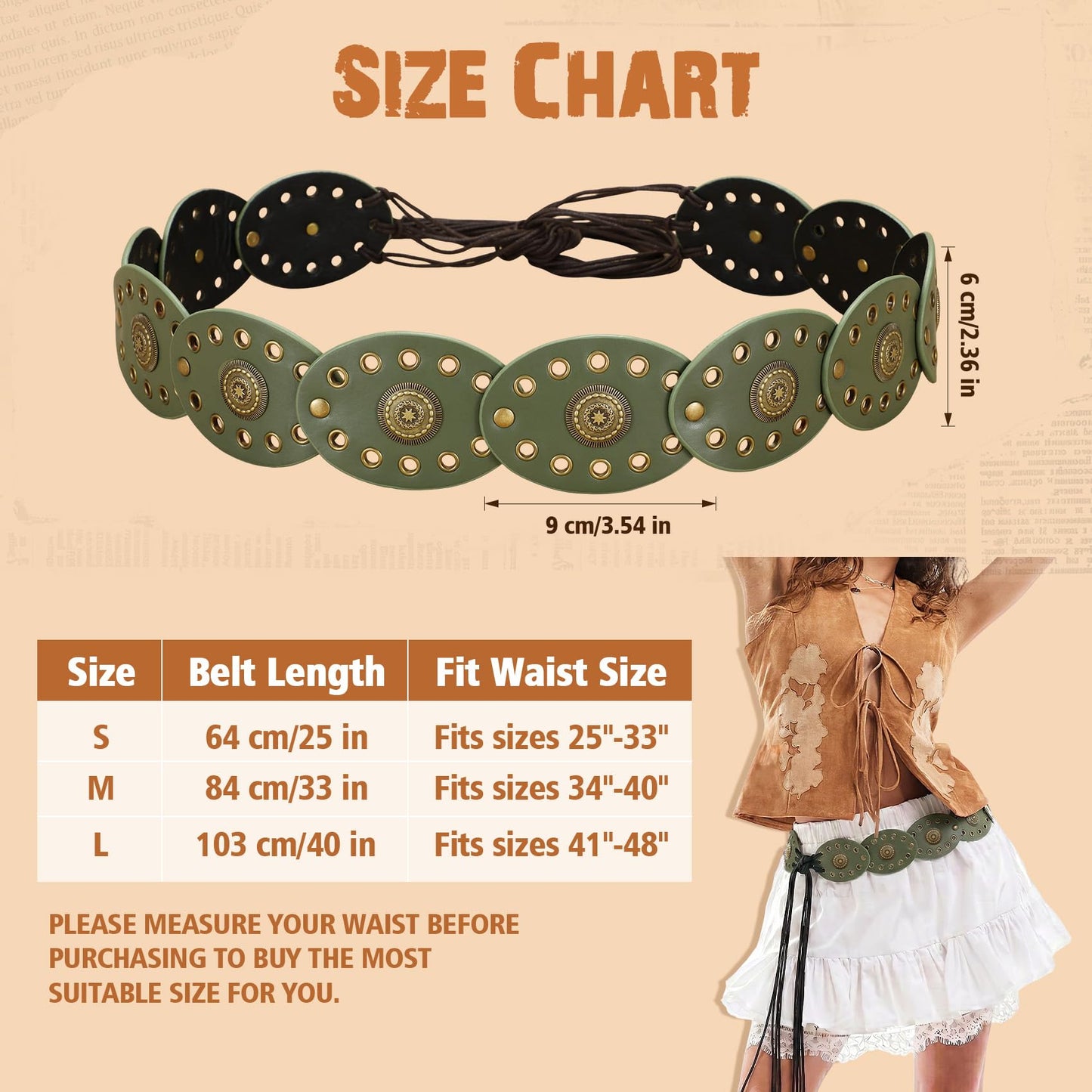XZQTIVE Women's Boho Disc Belt Concho Western Cowgirl Cowboy Belt for Ladies Wide Vintage Leather Waist Belt for Dress