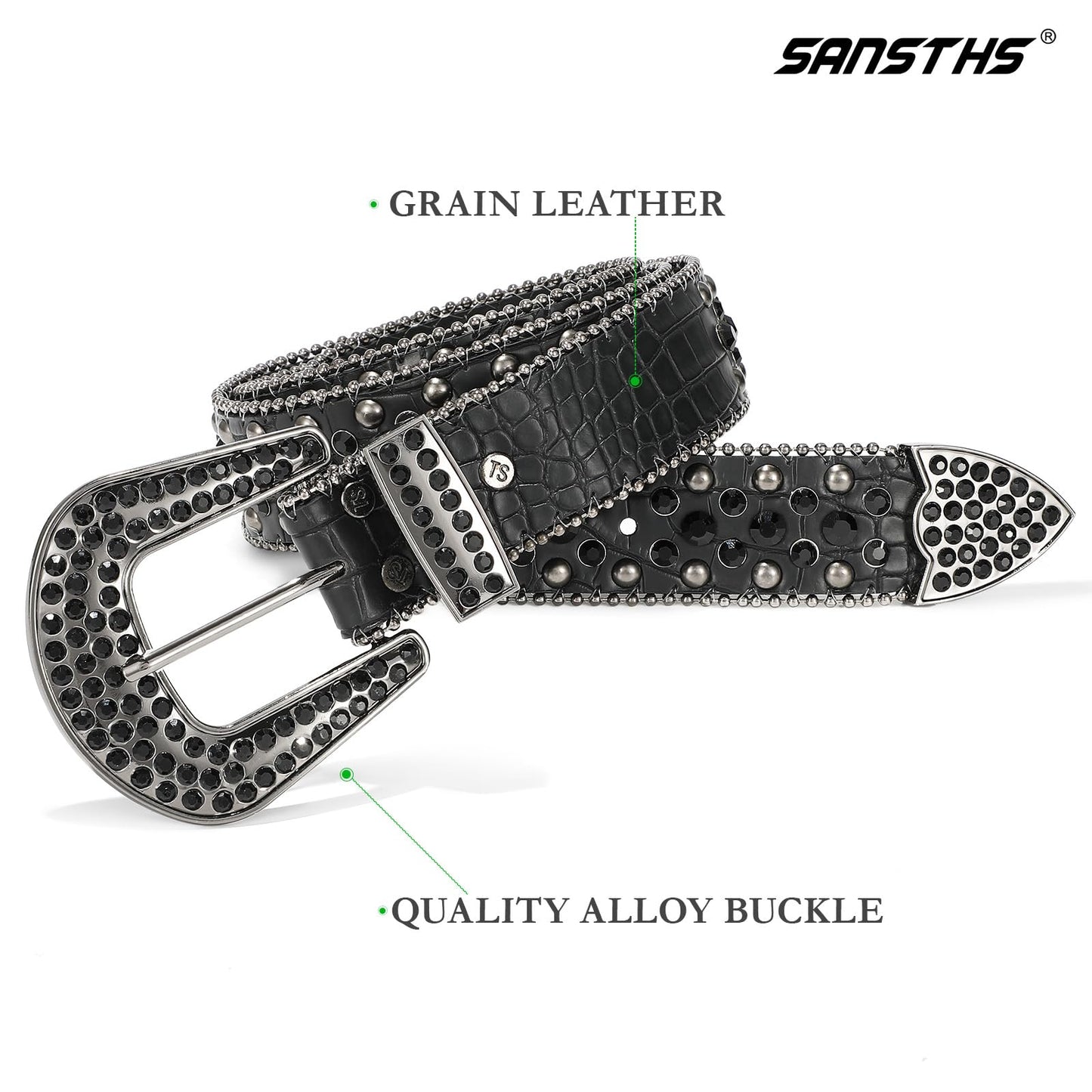 SANSTHS Women Rhinestone Belt for Jeans, Western Cowgirl Bling Studded Belt Faux Crocodile Grain Leather, Black L