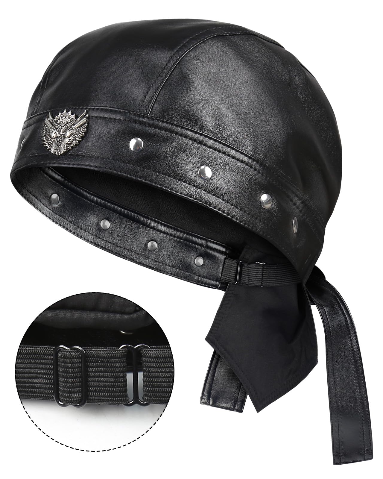 NTAWYT Leather Biker Hats for Women Cycling Skull Cap Adjustable Doo Rag Black Bandana