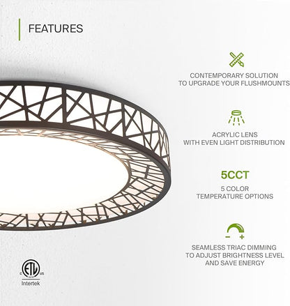 ASD 14 Inch LED Flush Mount Ceiling Light Fixture for Bedroom, 24W 1534LM 5CCT 2700K-5000K, Triac Dimmable Lights, Dining, Living Room, Kitchen Lamps, Modern Home Lighting Fixtures, Black, ETL
