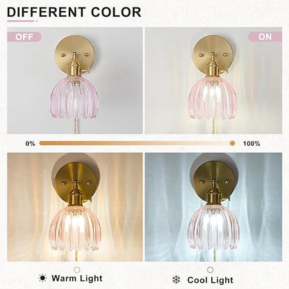 Plug in Wall Sconces Set of 2, Vintage Wall Sconce Light with Tulip Pink Glass Lampshade, 180° Adjustable Wall Sconce with Switch and Plug in wall lamp Cord, Gold Wall Light Wall Decor Set of 2