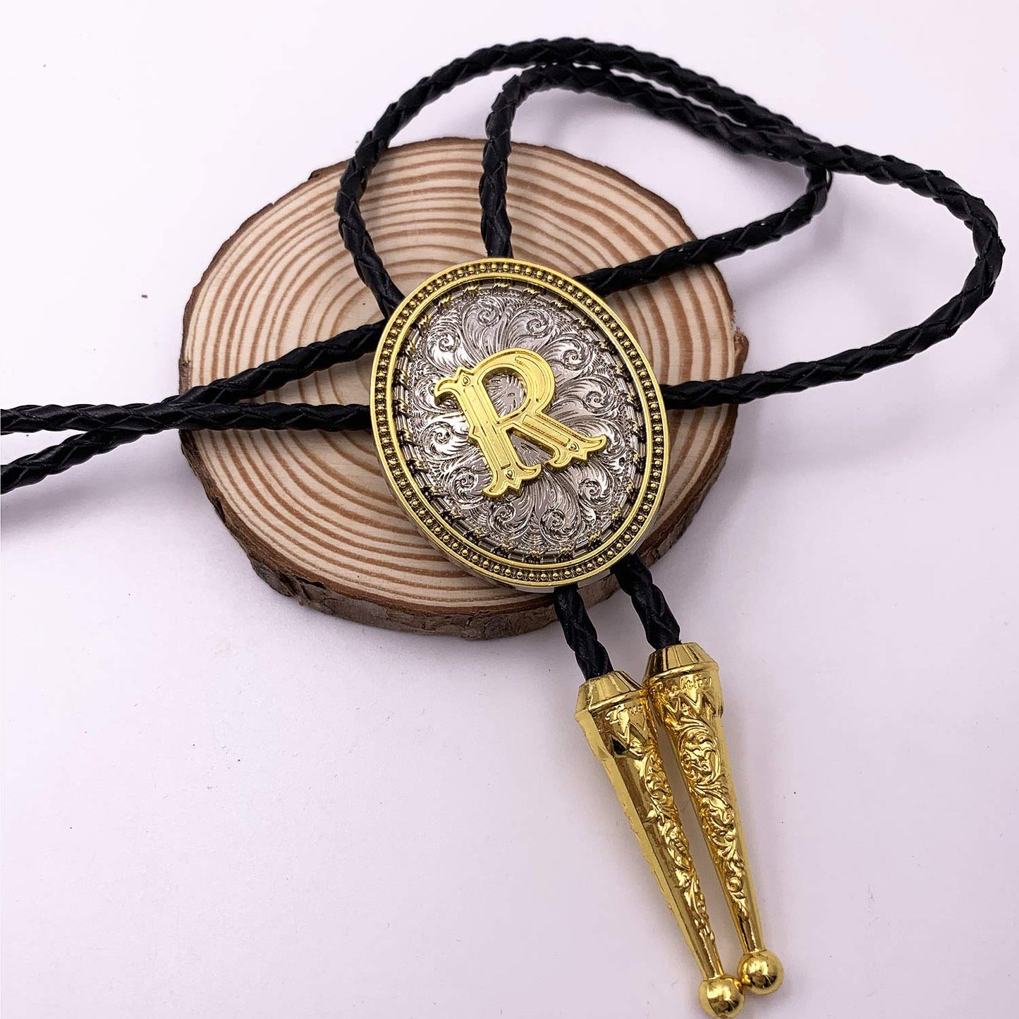 XGALBLA Golden Western Bolo Tie Initial Letter R in Ellipse Flower Cowboy with Cowhide Rope Necktie for Women