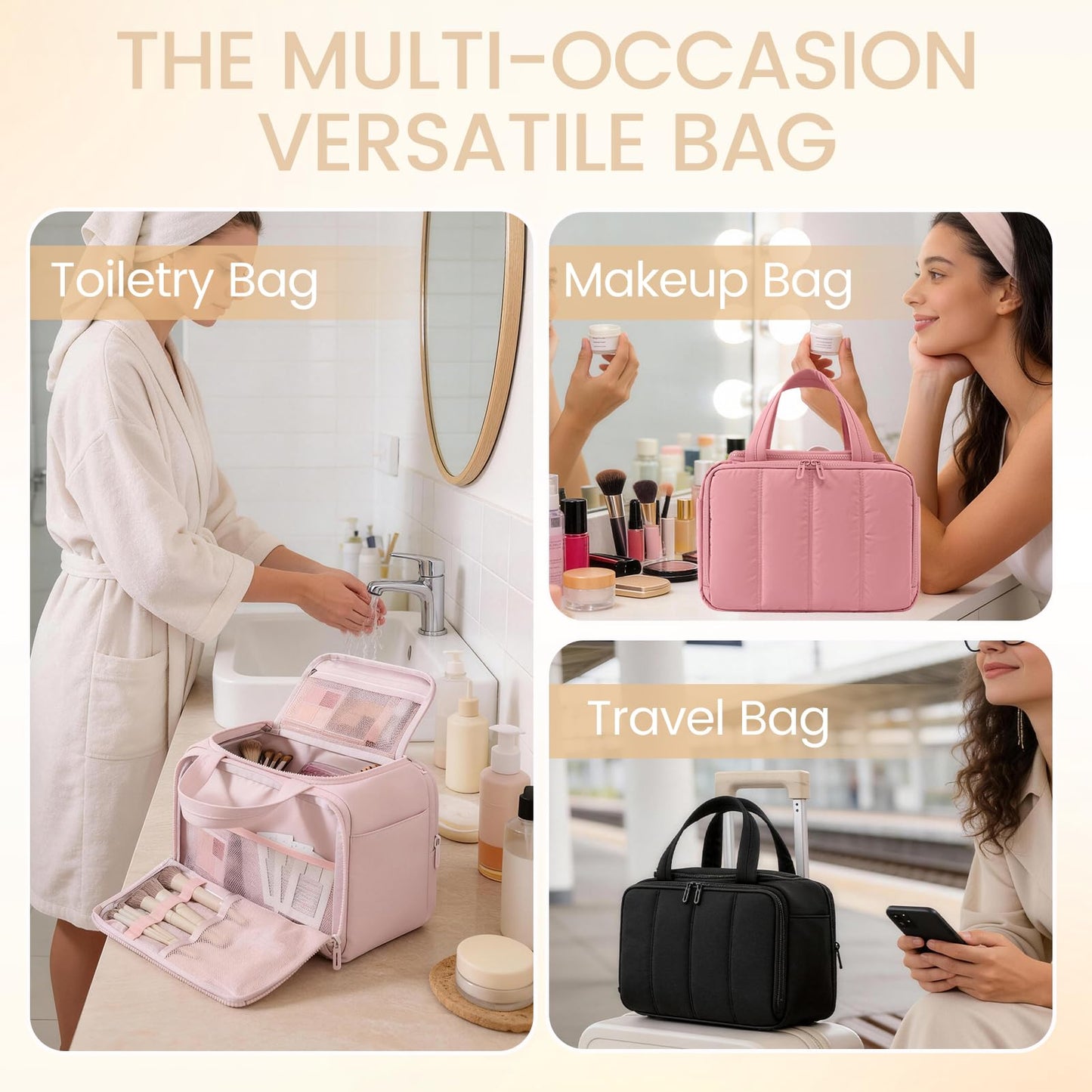 SODEER Toiletry Bag for Women Puffy Large,Travel Makeup Bag,Large Toiletry Bag with Adjustable Dividers,Waterproof Cosmetic Travel Bag with Trolley Sleeve,Toiletries Organizer,Black