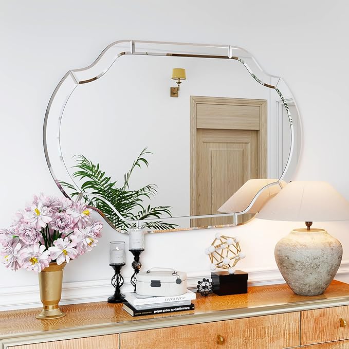 Large Oval Decorative Mirrors, 47" x 32" Living Rroom Mirror with Mirrored Frame, Accent Beveled Mirror for Dining Room Bathroom Bedroom Entryway, Vanity Mirror Hang Horizontally or Vertically