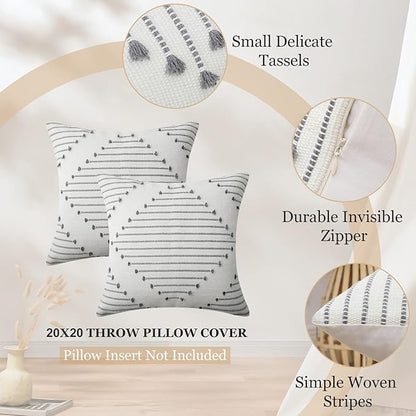 Mecatny Boho Outdoor Throw Pillow Covers 20X20 Set of 2, Farmhouse Decorative Pillow Covers for Couch Sofa Living Room, Grey & Cream White