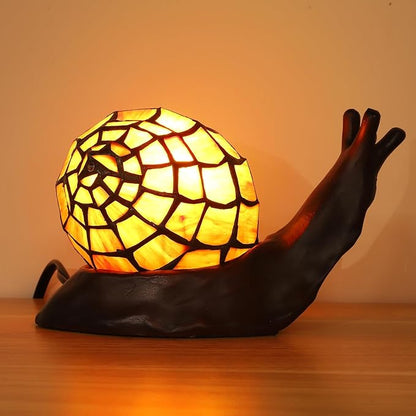 Tiffany Style Red-Brown Snail Accent Table Lamp Handmade Stained Glass Shade Night Light for Kids with 3 Color Temperatures LED Bulb Ideal Gift for Home Decor (8" D x 5" W x 5" H)