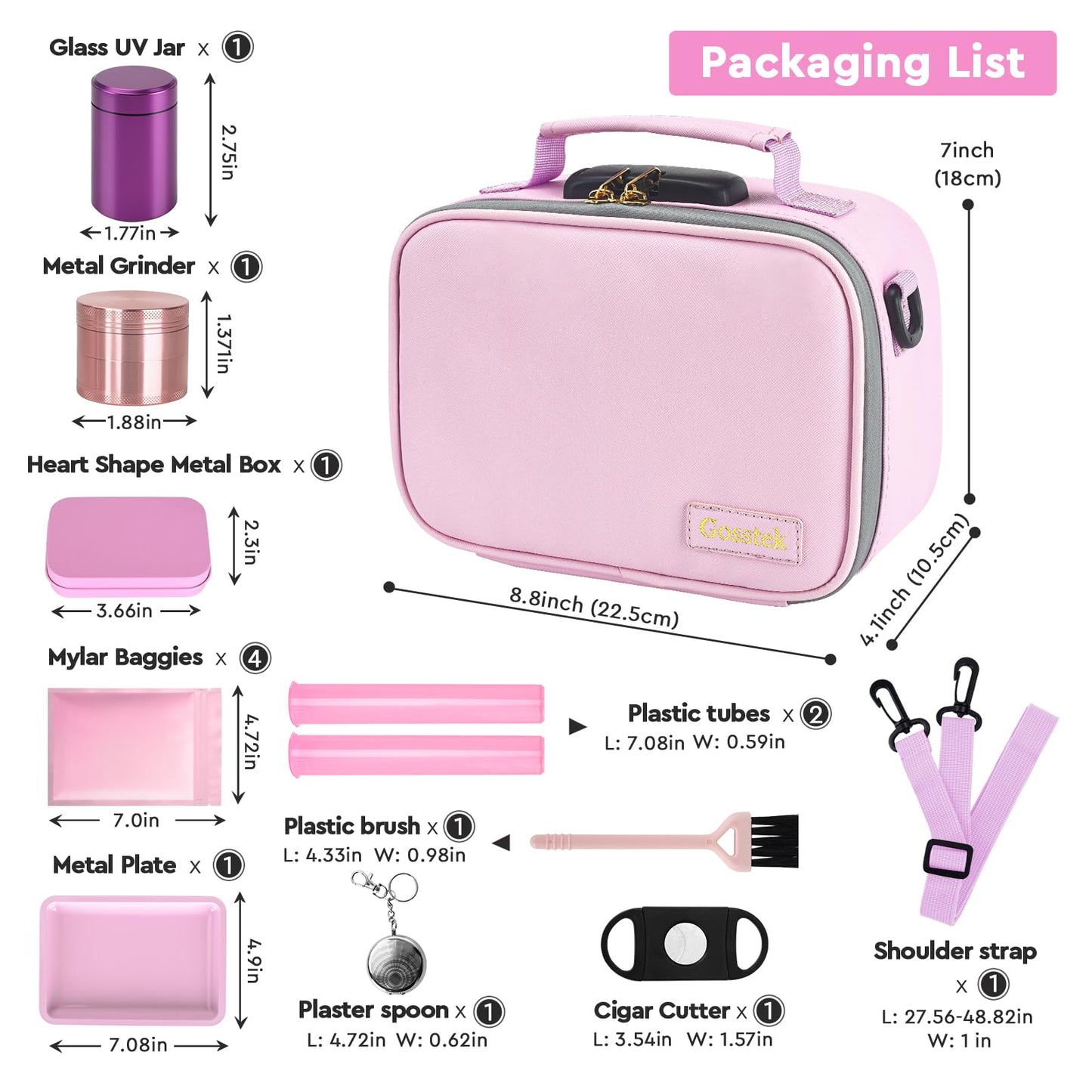 Gosstek Pink Leather Cosmetic Carrier Bag with 10 Accessories, Premium Organizers Box Case with Combination Lock and Great Gift for Women, Childproof Organization Container Pouch 9 X 6 X 4 Inches.