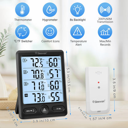 Geevon Indoor Outdoor Thermometer Wireless with 3 Remote Sensors, Digital Hygrometer Thermometer, Wireless Temperature Humidity Monitor Gauge with 200FT/60M Range (Black)