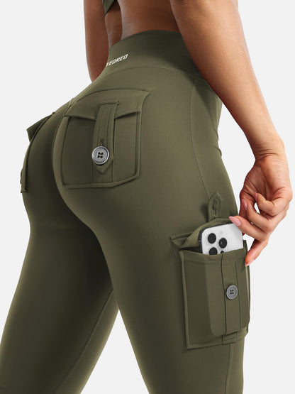 YEOREO CoreFlex Women Workout Flare Leggings with Pockets Scrunch Cargo Gym Yoga Leggings Army Green XS