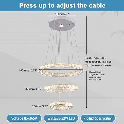 FRIXCHUR Crystal Chandelier LED Chandeliers Ceiling Light Fixture 3 Ring Adjustable Pendant Light Modern Chandelier for Bedrooms Living Room Dinning Room (Dimmable)