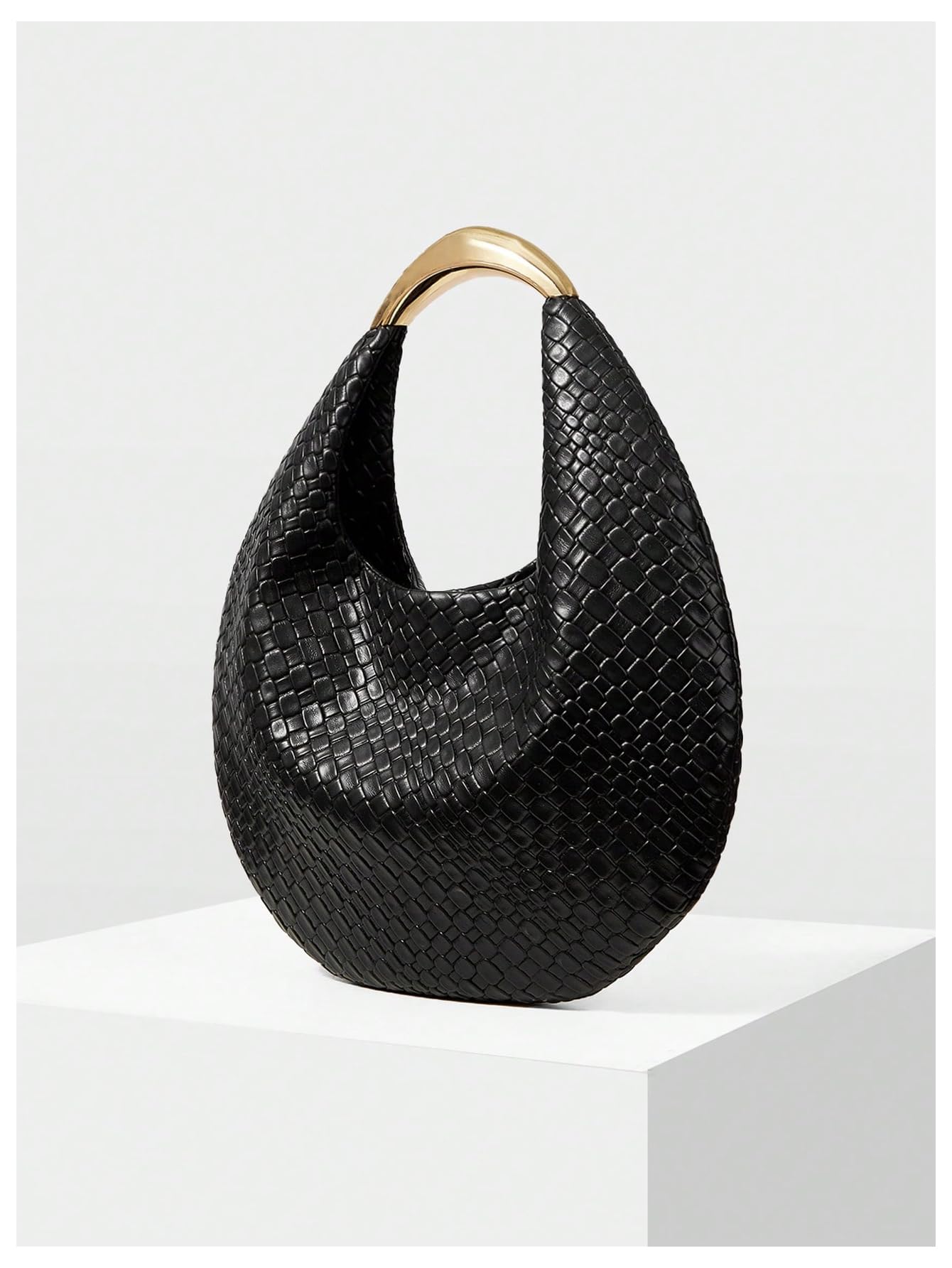QWINEE Women's Woven Handbag Elegant Clutch Purse Metal Top Handle Cresent Evening Bag Retro PU Leather Clutch Purse Black One Size
