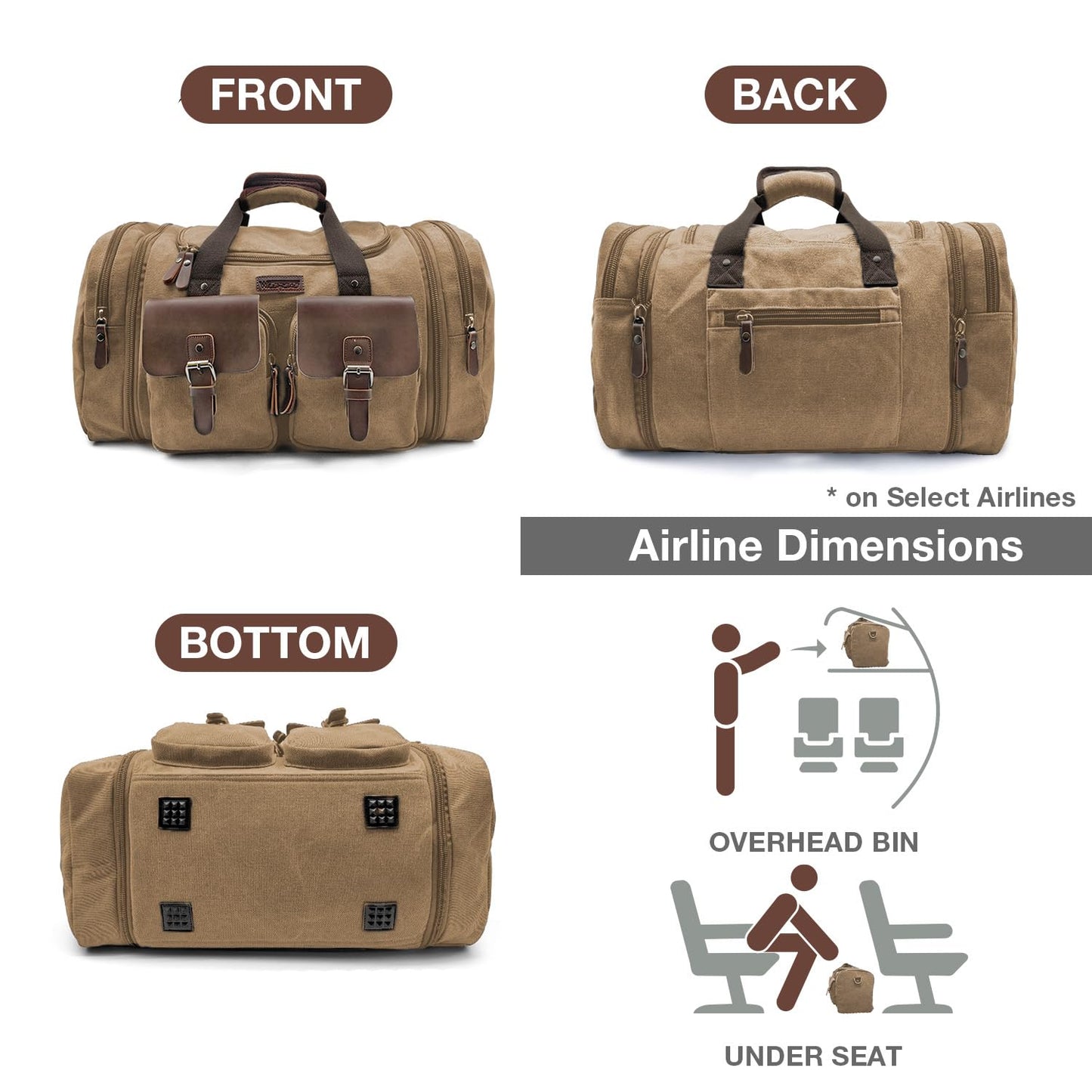 Wildroad 50L Travel Duffel Bag, Expandable Canvas Genuine Leather Duffle Bag Upgraded Overnight Weekender Carry on Bag