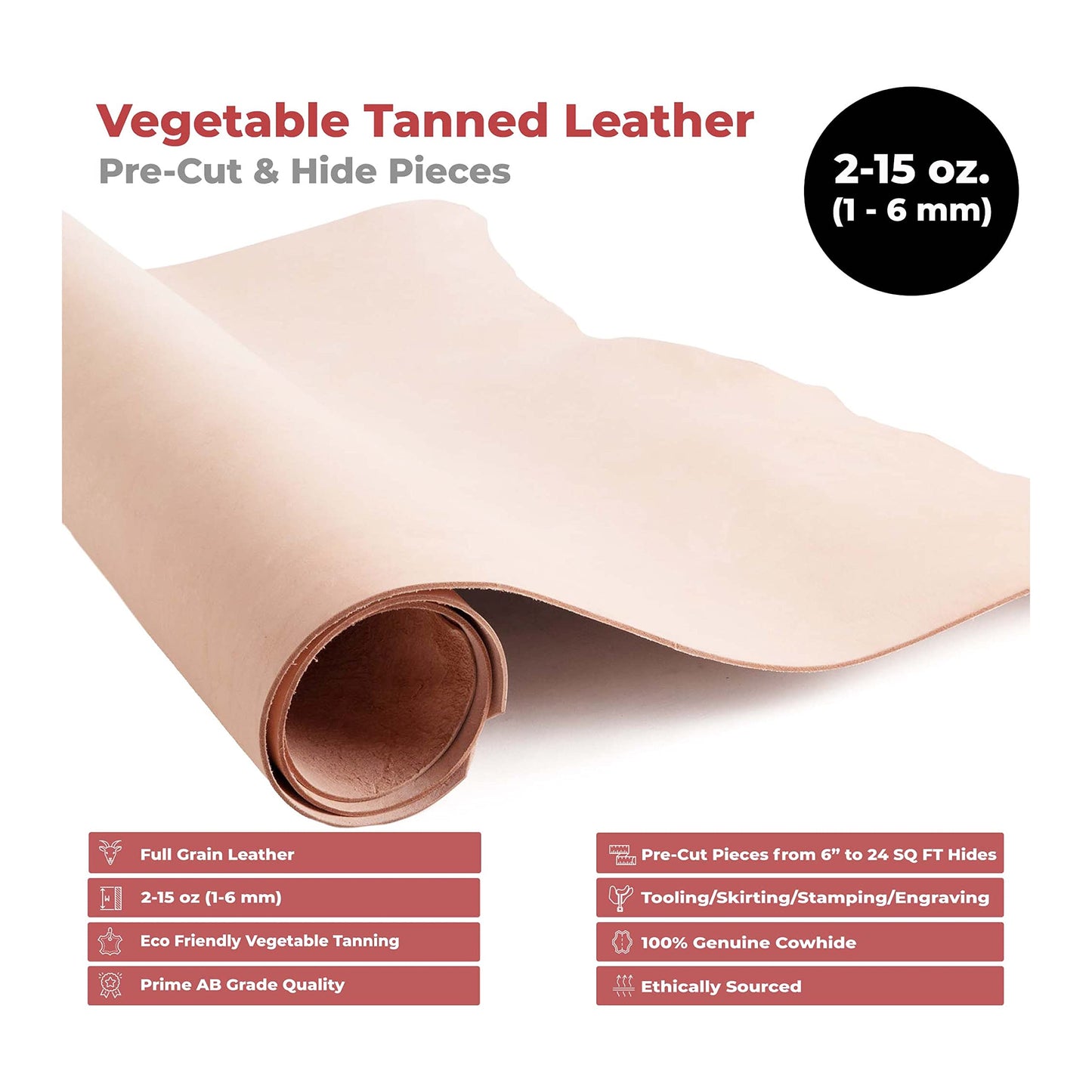 ELW 5-6 oz (2-2.4mm) Thickness Weight 2PCS 10"x10" Vegetable Tanned Leather Cowhide Grade AB Full Grain Leather for Tooling, Carving, Engraving, Molding, Embossing, Stamping, & Dyeing