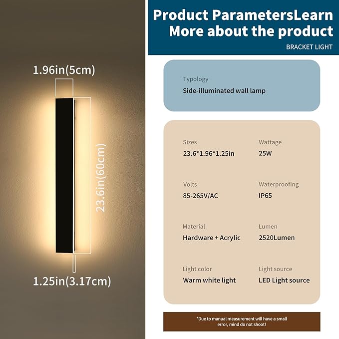 23.6inch Modern LED Wall Sconce, 3000K Warm White Outdoor Lights, IP65 Waterproof, Black Aluminium, Minimalist Wall Light Fixture, AC 85-265V, 24W, Wall Lamp for Yard, Patio, Garage, Porch